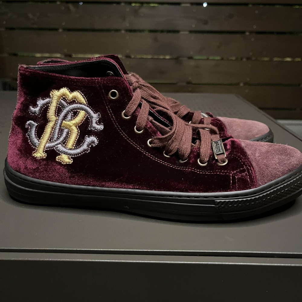 Roberto Cavalli Shoes Mens Size 10 Burgundy Velvet High Top Sneakers Rc Crest View 6